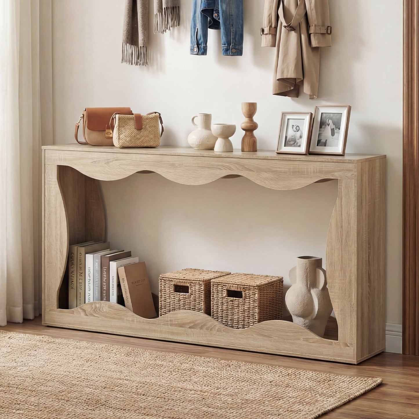 63 Inch Console Table, 2-Tier Narrow Entryway, Wavy Edge Storage Shelf, Natural Console Tables at Gallery Canada