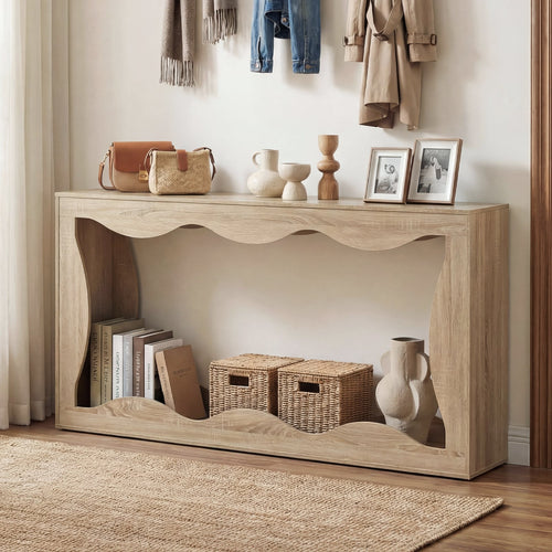 63 Inch Console Table, 2-Tier Narrow Entryway, Wavy Edge Storage Shelf, Natural