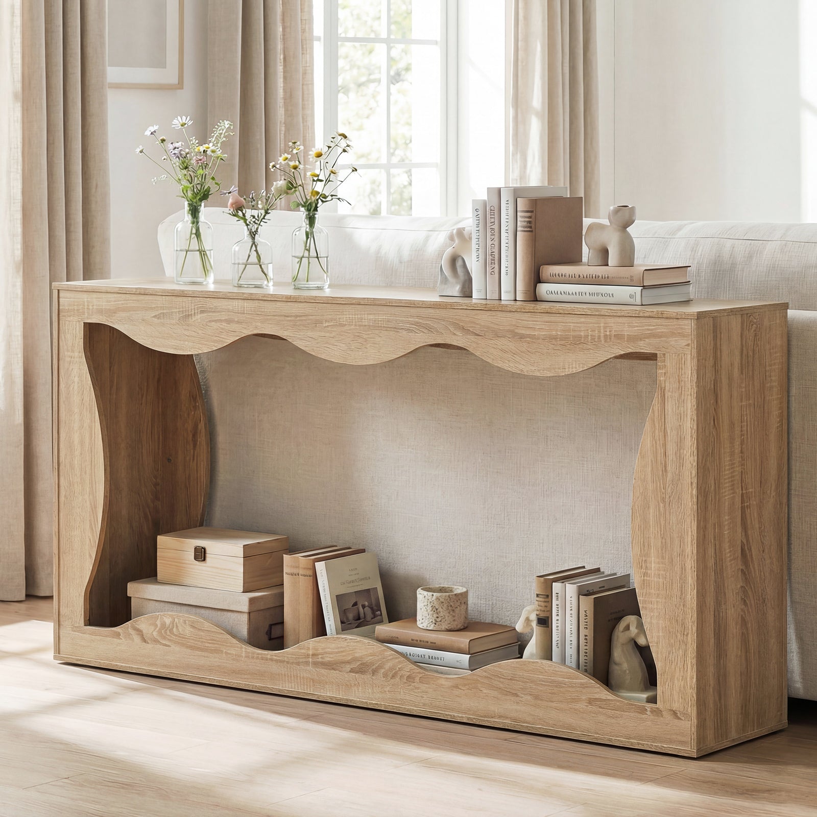 63 Inch Console Table, 2-Tier Narrow Entryway, Wavy Edge Storage Shelf, Natural Console Tables at Gallery Canada