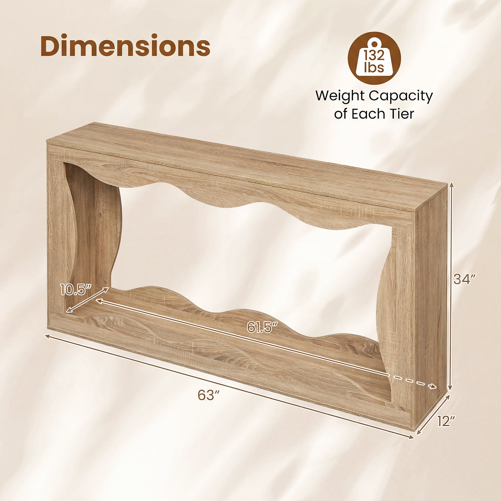 63 Inch Console Table, 2-Tier Narrow Entryway, Wavy Edge Storage Shelf, Natural Console Tables at Gallery Canada