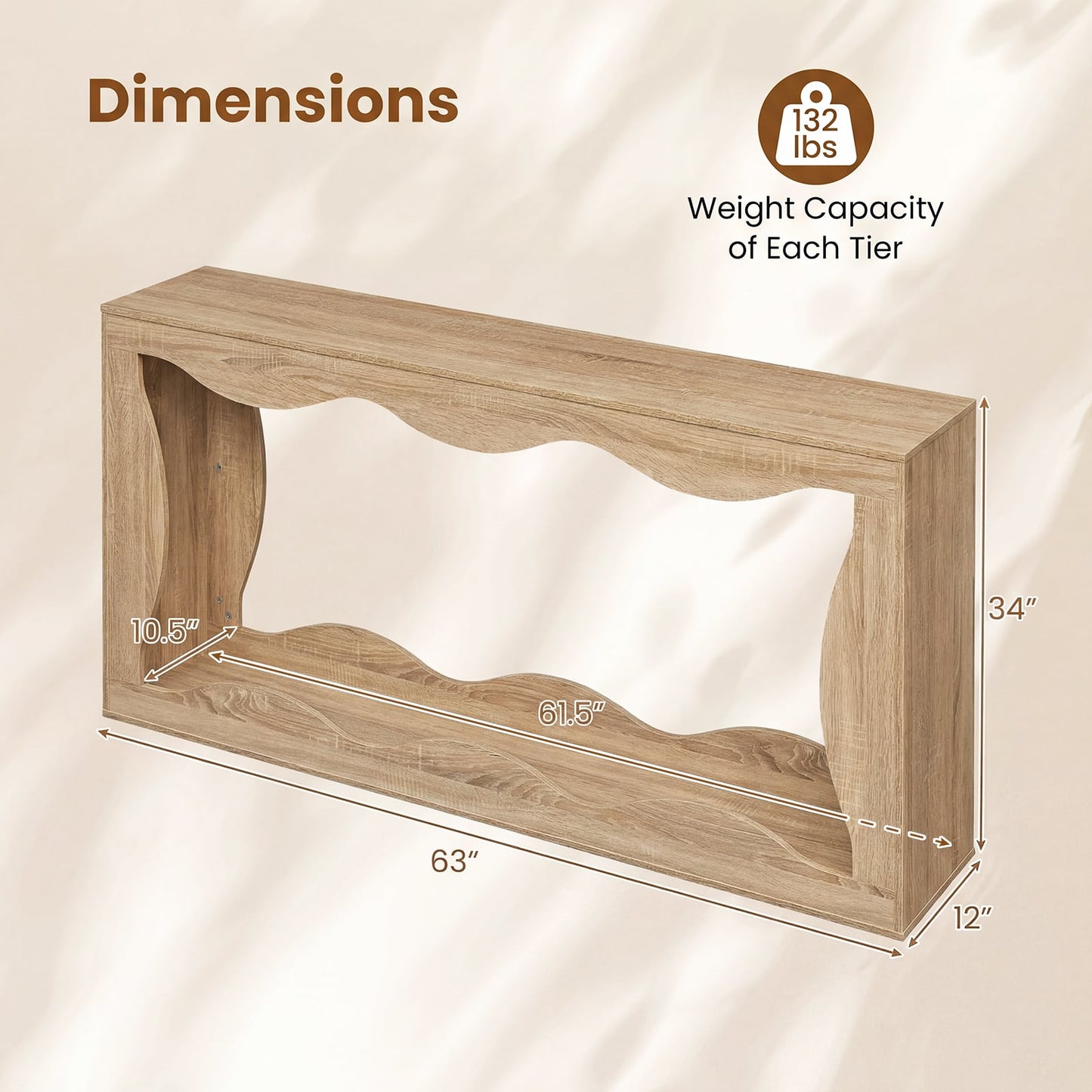 63 Inch Console Table, 2-Tier Narrow Entryway, Wavy Edge Storage Shelf, Natural Console Tables at Gallery Canada