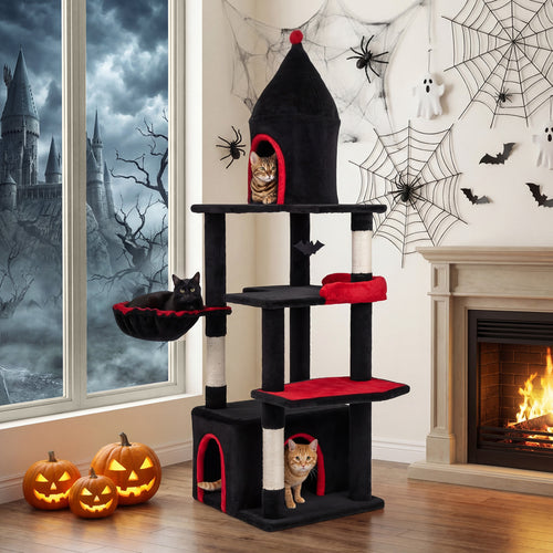 63 Inch Cat Tree With Condo, Top Cave, For Large Cats 20+ LBS, Black