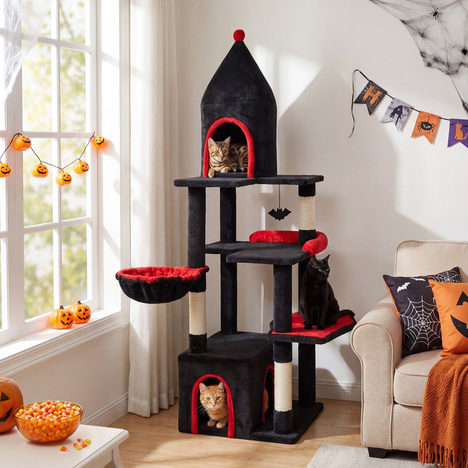 63 Inch Cat Tree With Condo, Top Cave, For Large Cats 20+ LBS, Black Cat Trees Condos & Scratchers at Gallery Canada