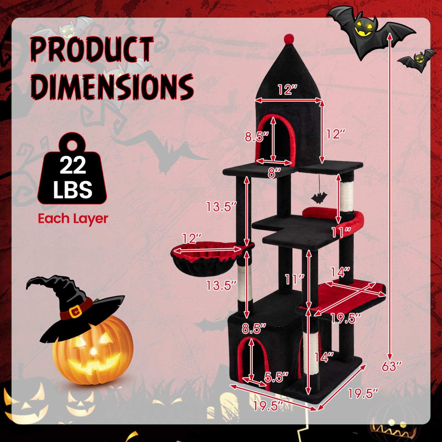 63 Inch Cat Tree With Condo, Top Cave, For Large Cats 20+ LBS, Black Cat Trees Condos & Scratchers at Gallery Canada