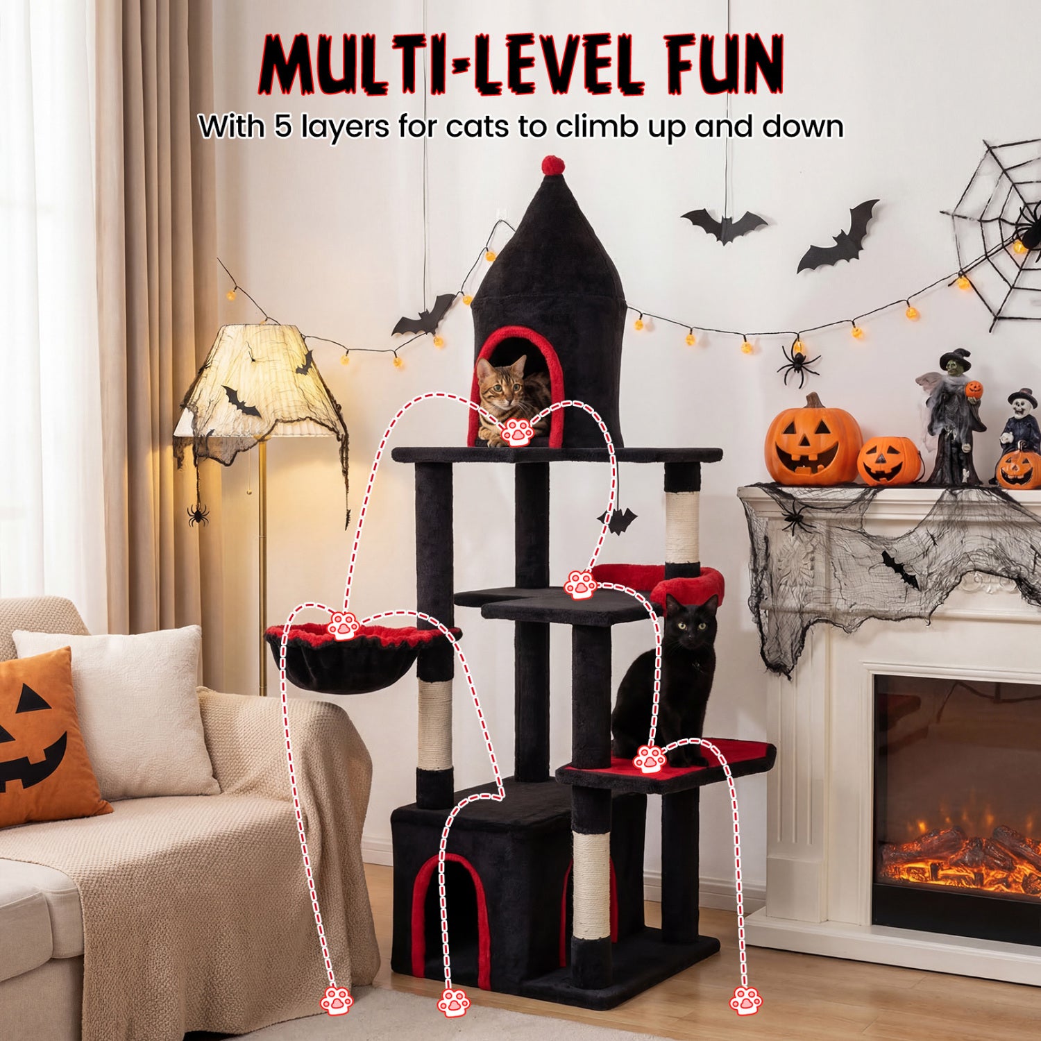 63 Inch Cat Tree With Condo, Top Cave, For Large Cats 20+ LBS, Black Cat Trees Condos & Scratchers at Gallery Canada