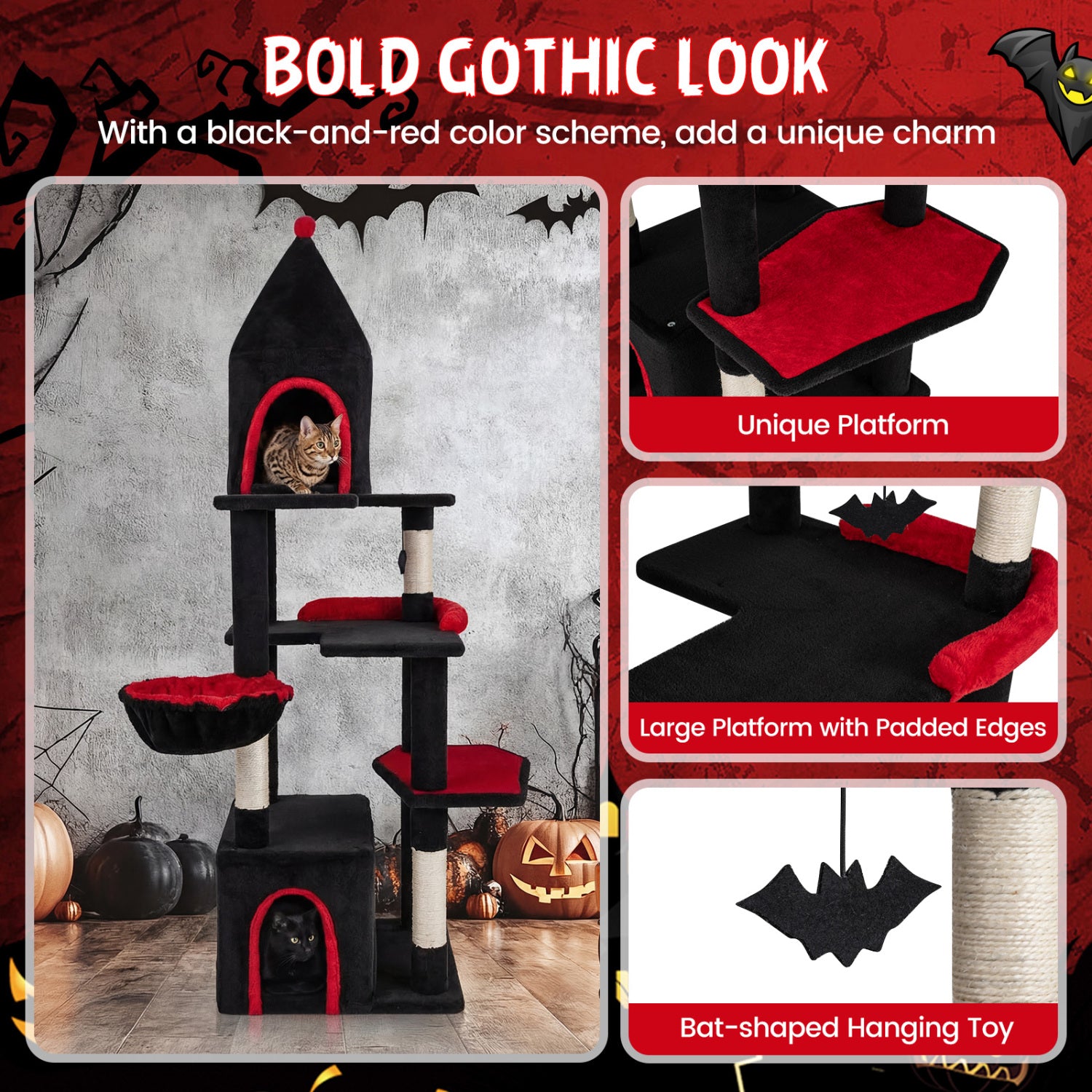 63 Inch Cat Tree With Condo, Top Cave, For Large Cats 20+ LBS, Black Cat Trees Condos & Scratchers at Gallery Canada