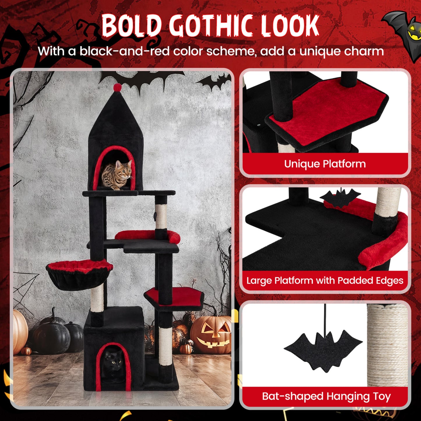 63 Inch Cat Tree With Condo, Top Cave, For Large Cats 20+ LBS, Black Cat Trees Condos & Scratchers at Gallery Canada