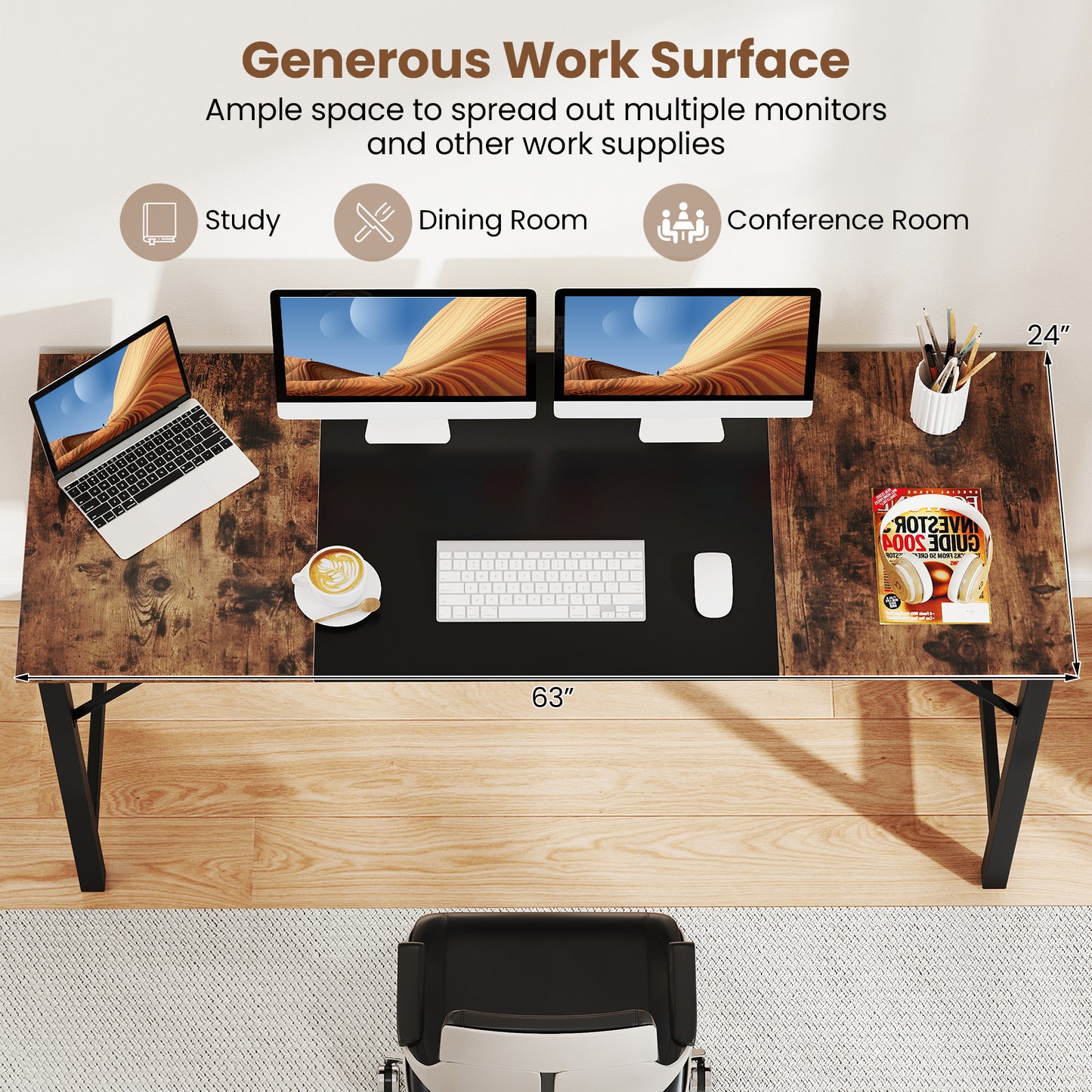 63 Inch Modern Splice Computer Desk with Heavy Duty Steel Frame, Black Computer Desks at Gallery Canada