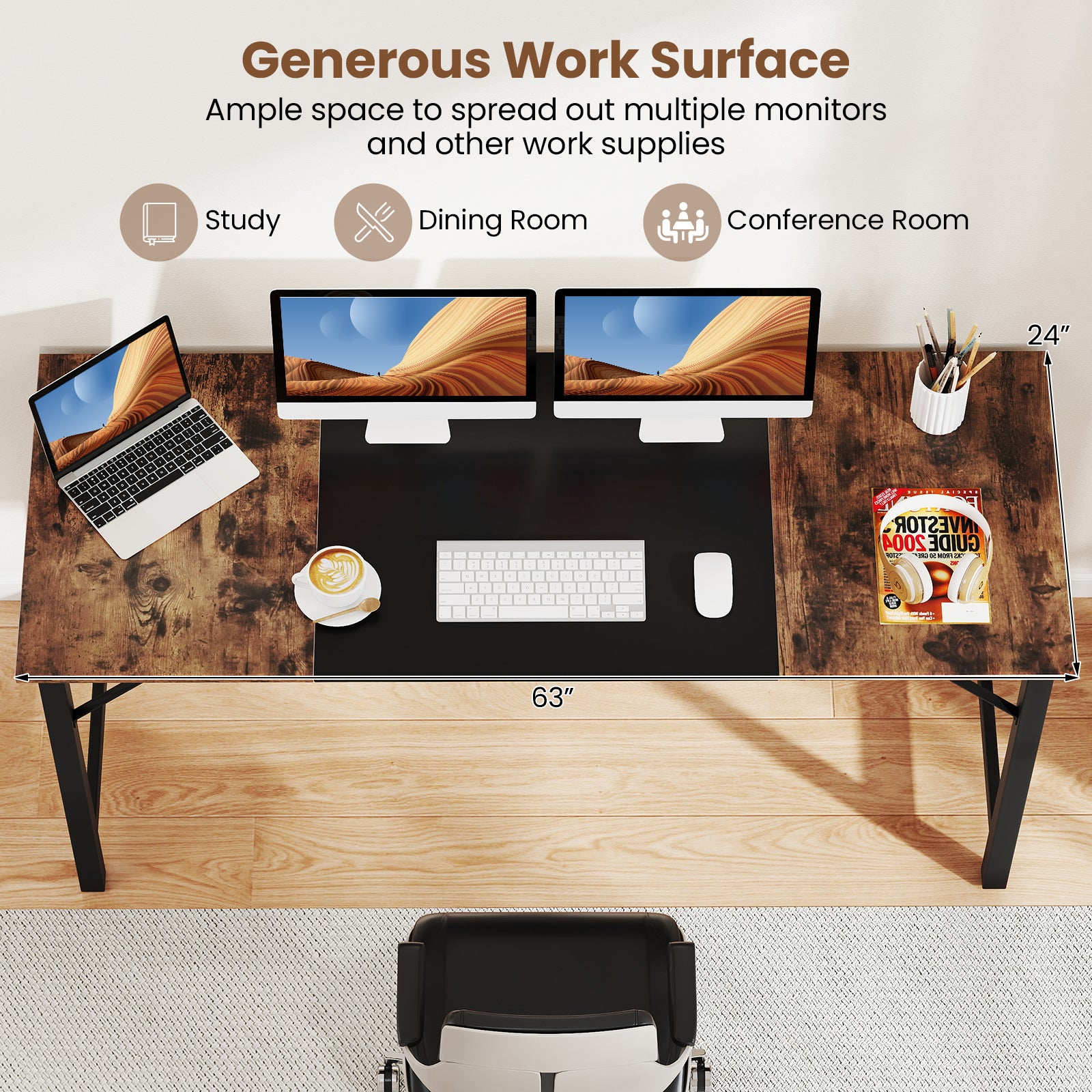 63 Inch Modern Splice Computer Desk with Heavy Duty Steel Frame, Black Computer Desks at Gallery Canada