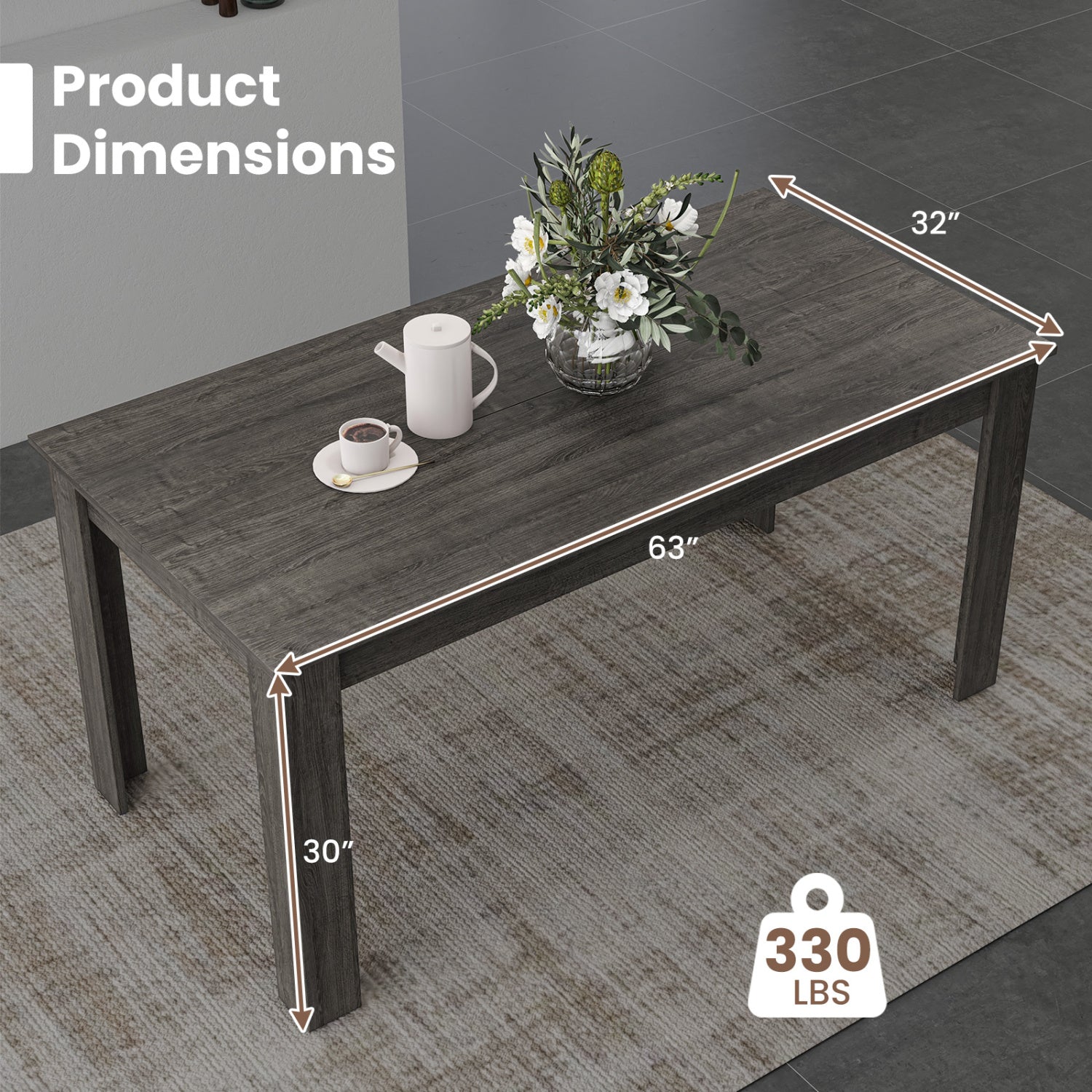 63 Inch Rectangular Modern Dining Table, Gray Dining Tables at Gallery Canada