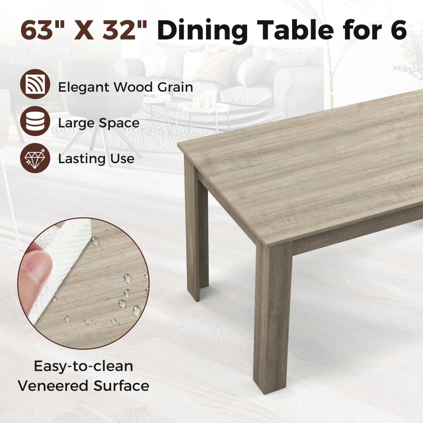 63 Inch Rectangular Modern Dining Kitchen Table, Light Gray