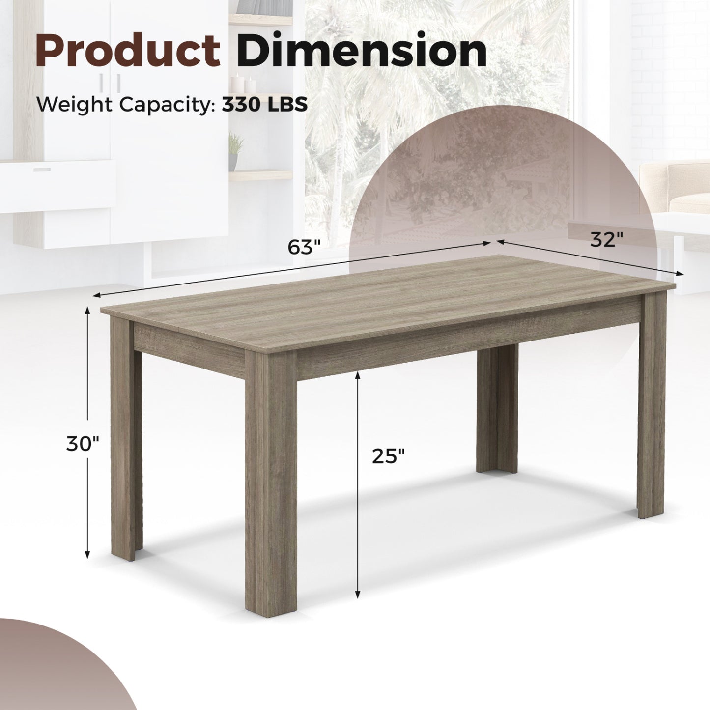 63 Inch Rectangular Modern Dining Kitchen Table, Light Gray