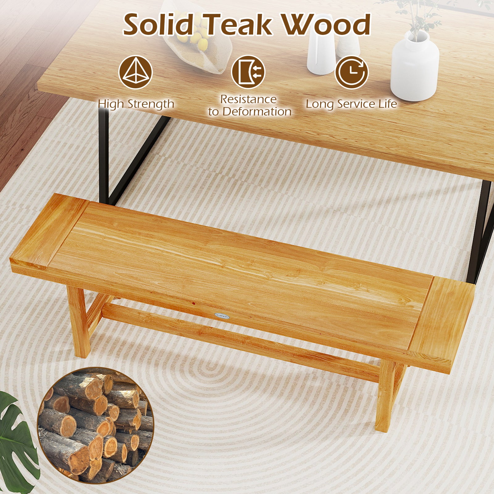 63 Inch Solid Wood Bench, Seats 3 People, Natural Outdoor Benches at Gallery Canada