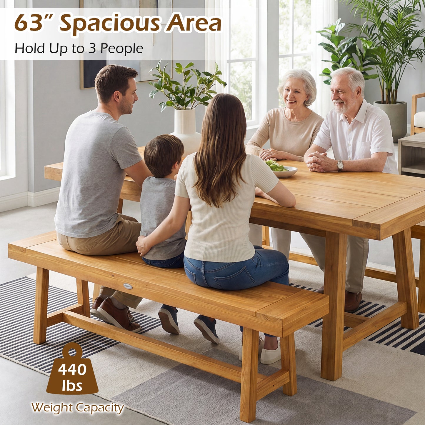 63 Inch Solid Wood Bench, Seats 3 People, Natural Outdoor Benches at Gallery Canada