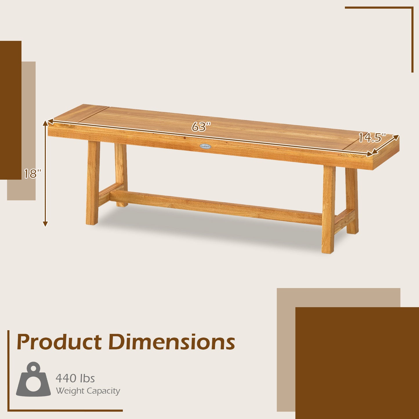 63 Inch Solid Wood Bench, Seats 3 People, Natural Outdoor Benches at Gallery Canada