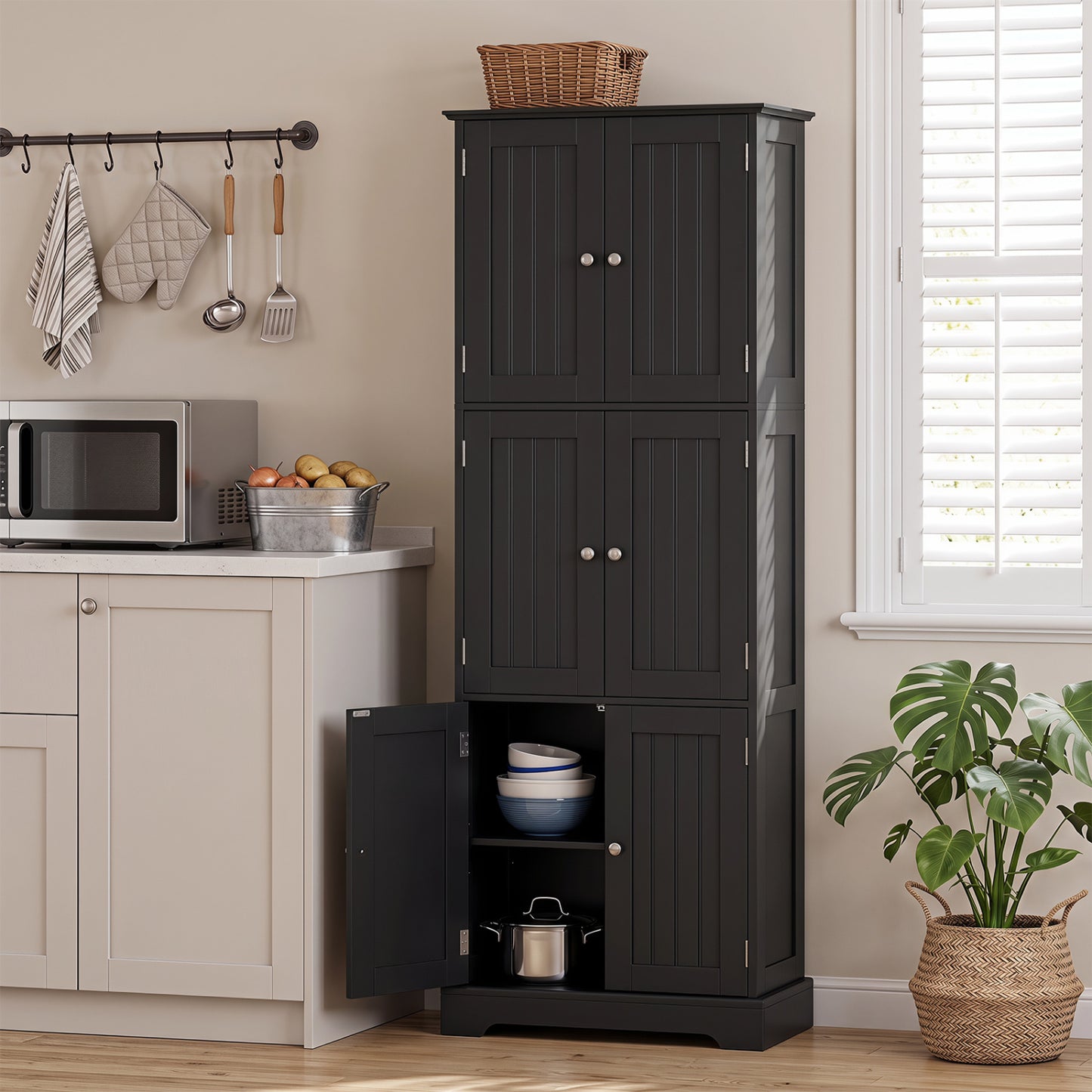 63 In Tall Bathroom Storage Cabinet, 6 Doors, Black
