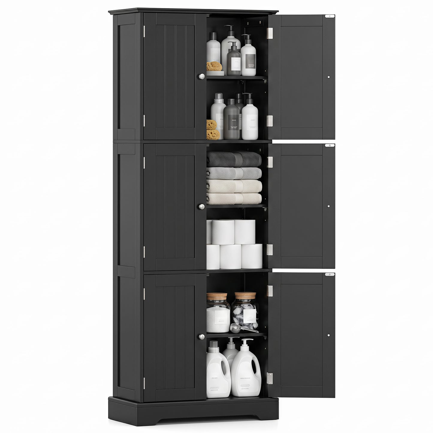 63 In Tall Bathroom Storage Cabinet, 6 Doors, Black