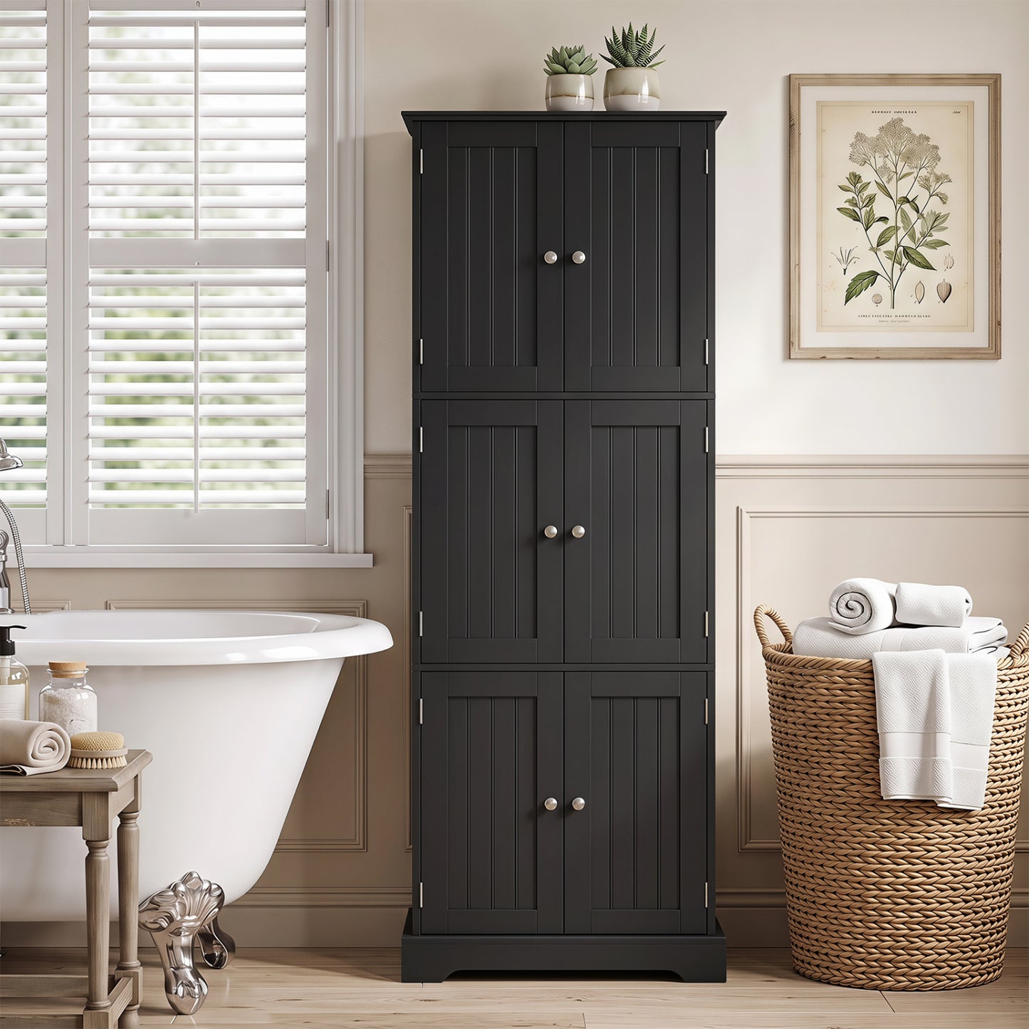 63 In Tall Bathroom Storage Cabinet, 6 Doors, Black