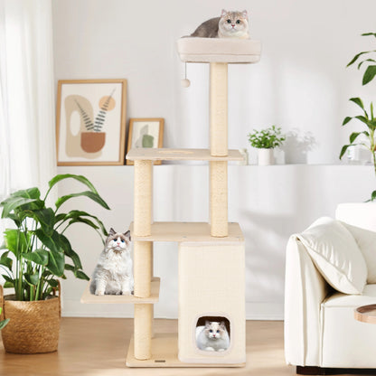 63 Inch Tall Wooden Cat Tree with 2-Story Condo and Plush Padded Top Perch-NA, Natural