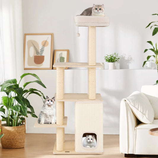 63 Inch Tall Wooden Cat Tree with 2-Story Condo and Plush Padded Top Perch-NA, Natural