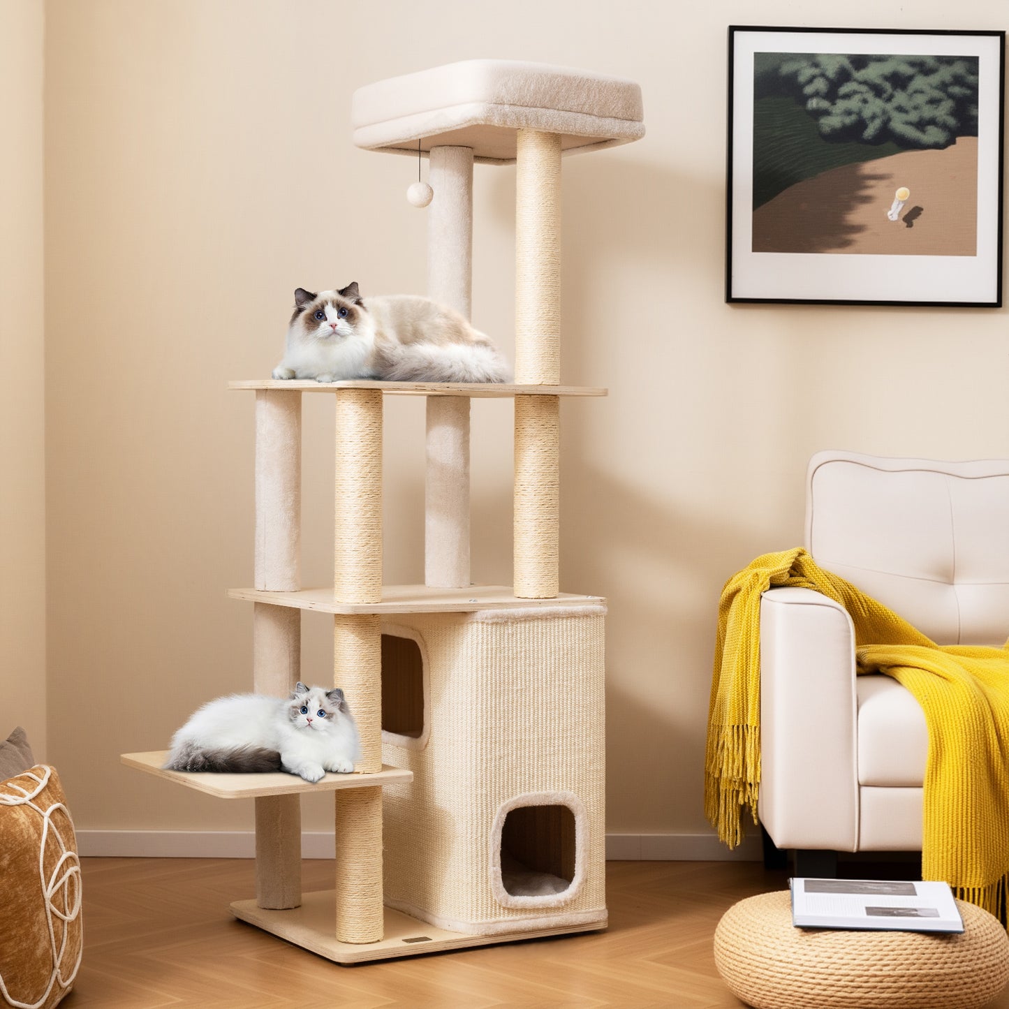 63 Inch Tall Wooden Cat Tree with 2-Story Condo and Plush Padded Top Perch-NA, Natural