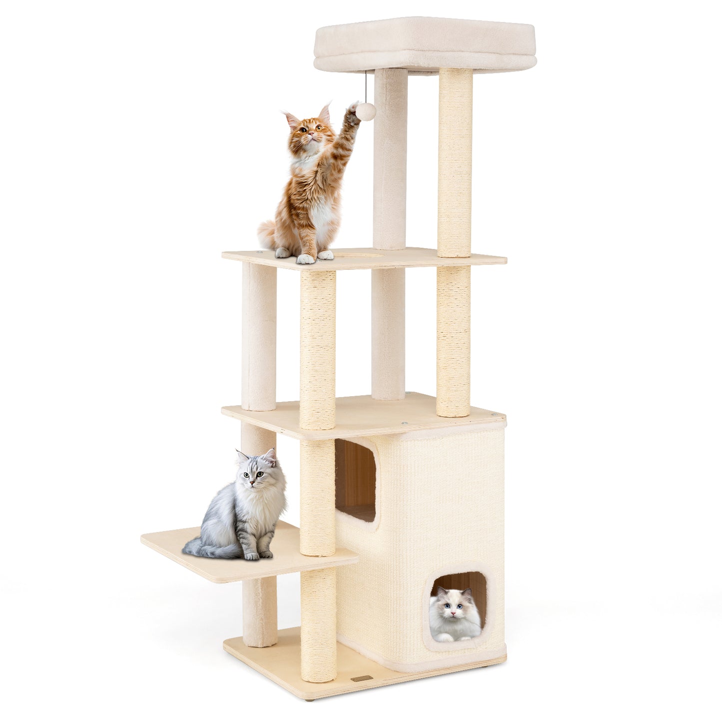 63 Inch Tall Wooden Cat Tree with 2-Story Condo and Plush Padded Top Perch-NA, Natural