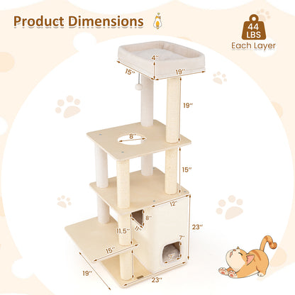 63 Inch Tall Wooden Cat Tree with 2-Story Condo and Plush Padded Top Perch-NA, Natural