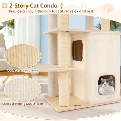 63 Inch Tall Wooden Cat Tree with 2-Story Condo and Plush Padded Top Perch-NA, Natural
