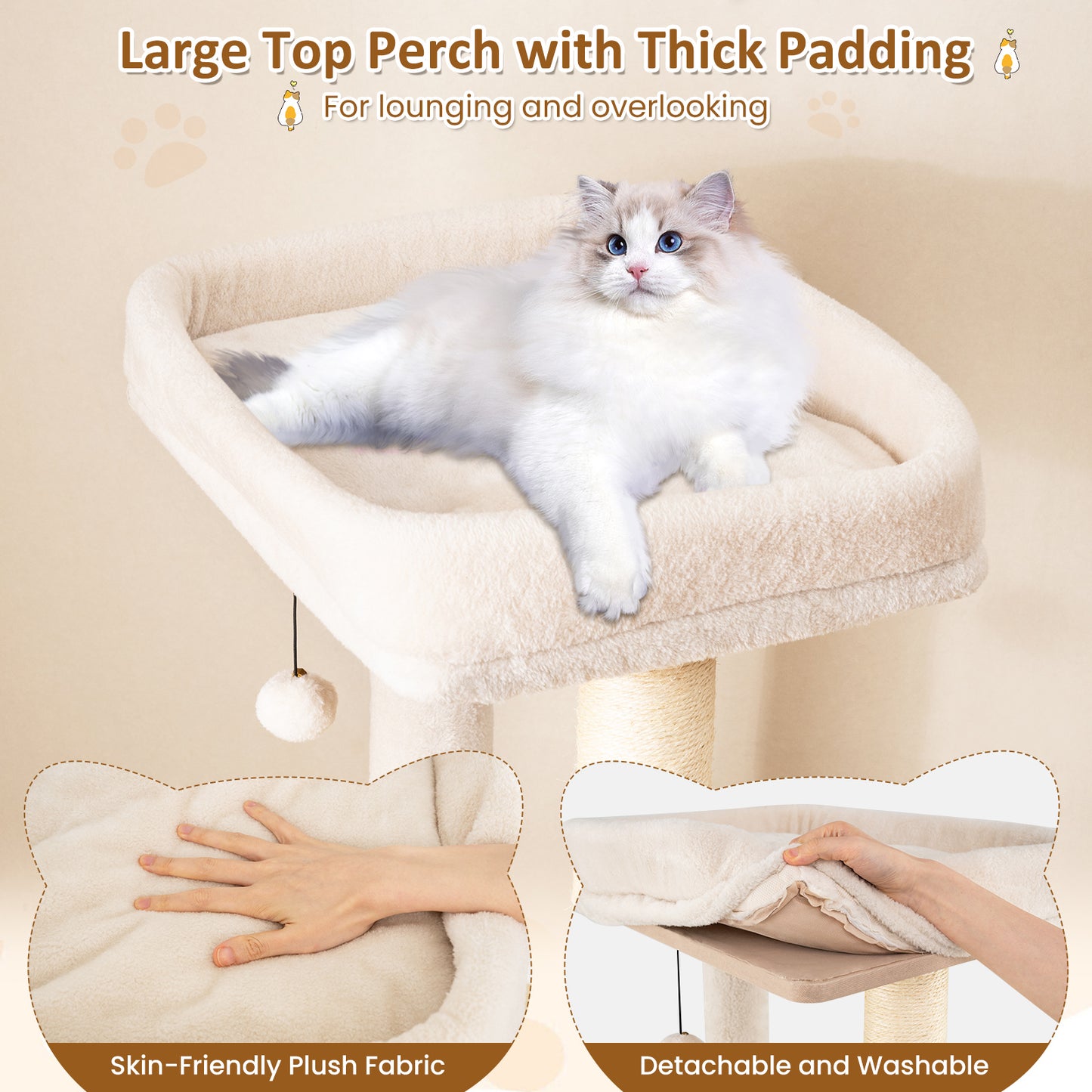 63 Inch Tall Wooden Cat Tree with 2-Story Condo and Plush Padded Top Perch-NA, Natural