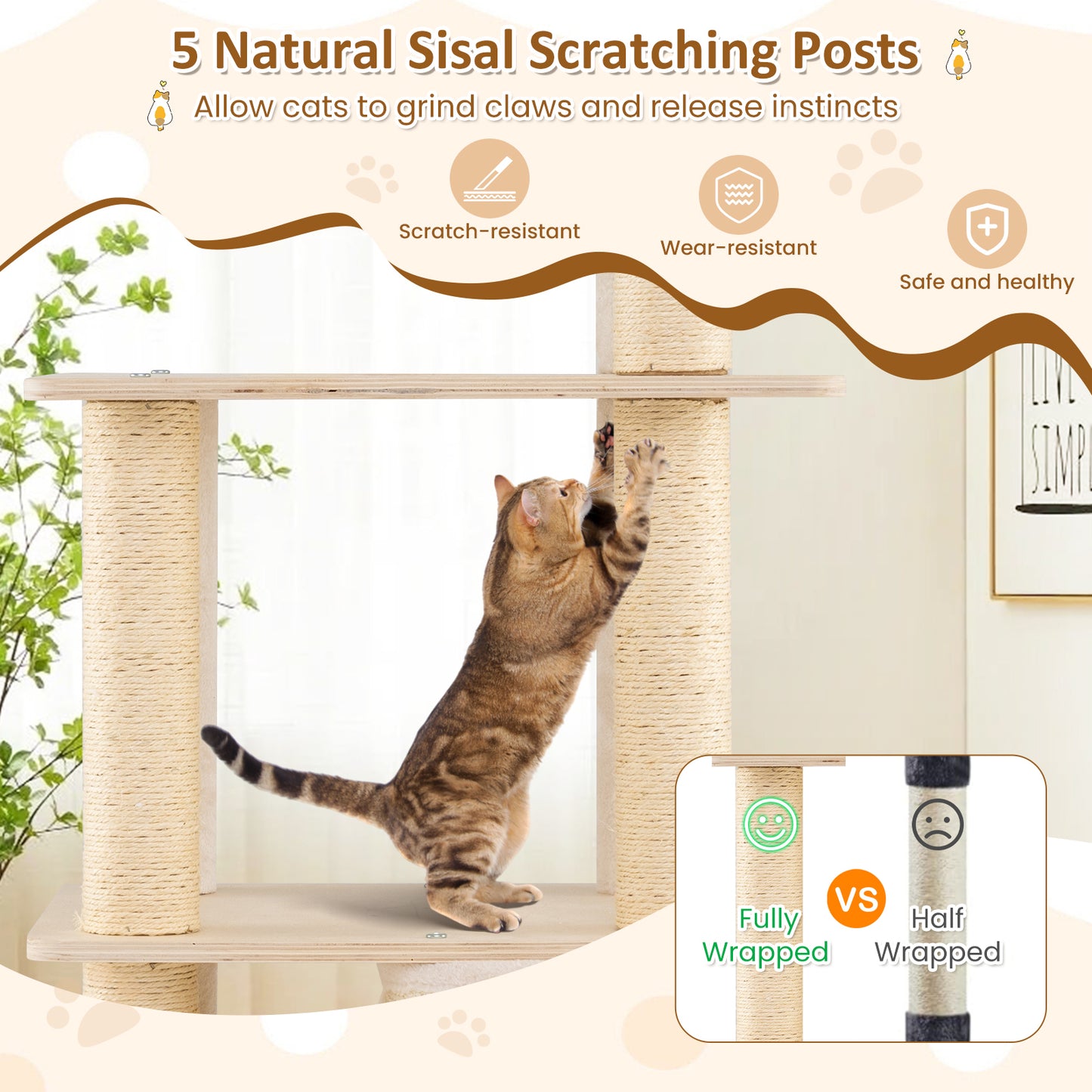 63 Inch Tall Wooden Cat Tree with 2-Story Condo and Plush Padded Top Perch-NA, Natural