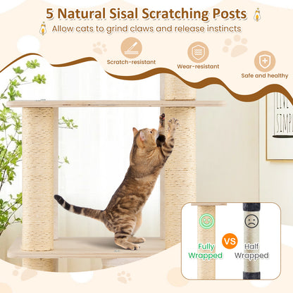 63 Inch Tall Wooden Cat Tree with 2-Story Condo and Plush Padded Top Perch-NA, Natural