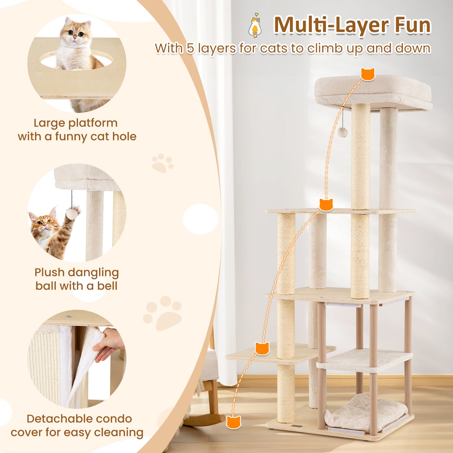63 Inch Tall Wooden Cat Tree with 2-Story Condo and Plush Padded Top Perch-NA, Natural