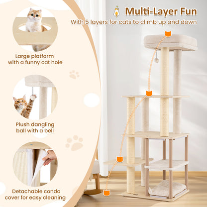 63 Inch Tall Wooden Cat Tree with 2-Story Condo and Plush Padded Top Perch-NA, Natural