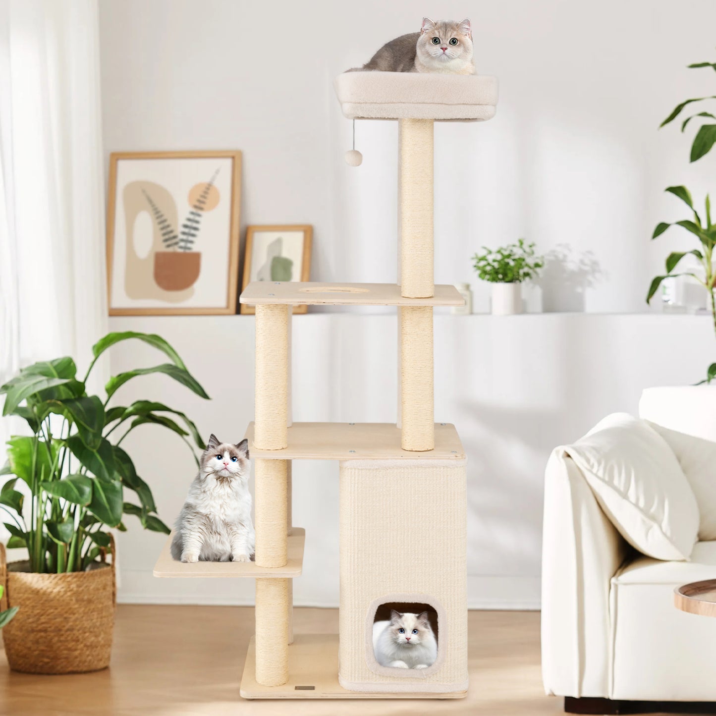 63 Inch Tall Wooden Cat Tree with 2-Story Condo and Plush Padded Top Perch-NA, Natural Cat Trees Condos & Scratchers at Gallery Canada
