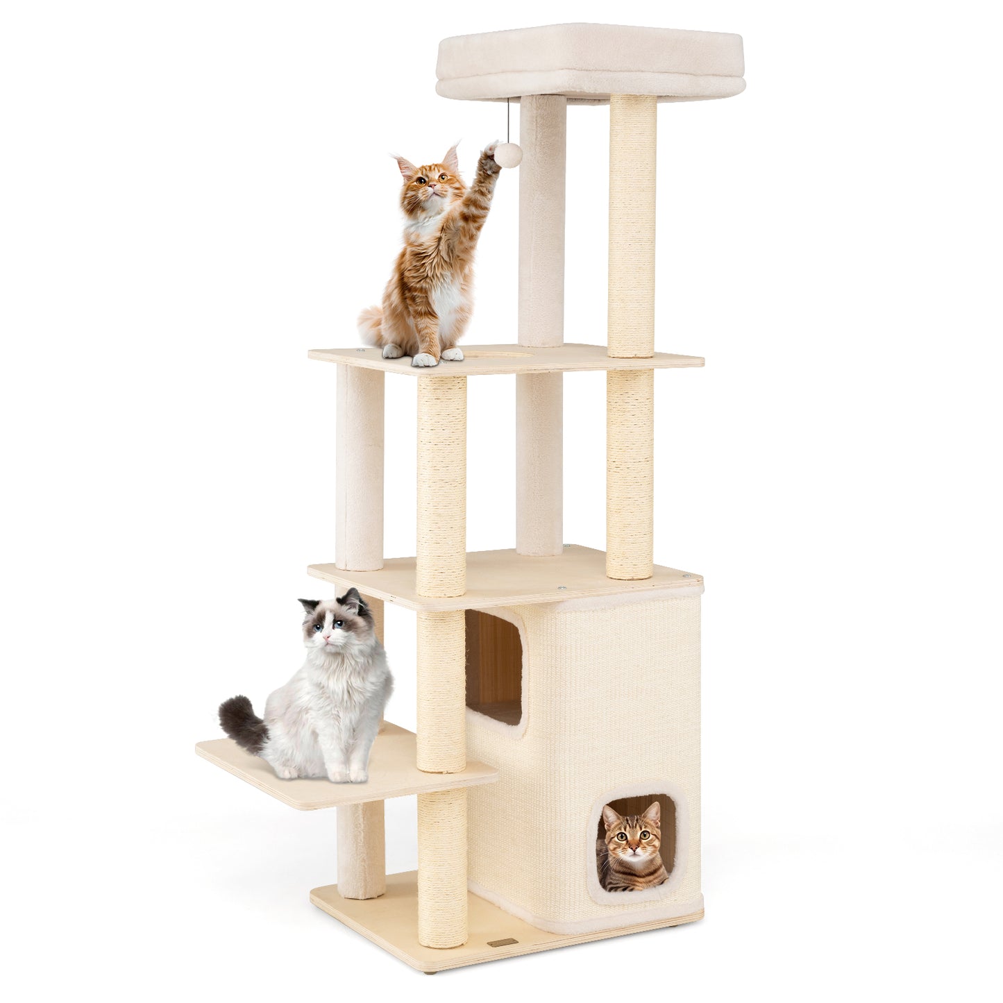 63 Inch Tall Wooden Cat Tree with 2-Story Condo and Plush Padded Top Perch-NA, Natural Cat Trees Condos & Scratchers Natural at Gallery Canada
