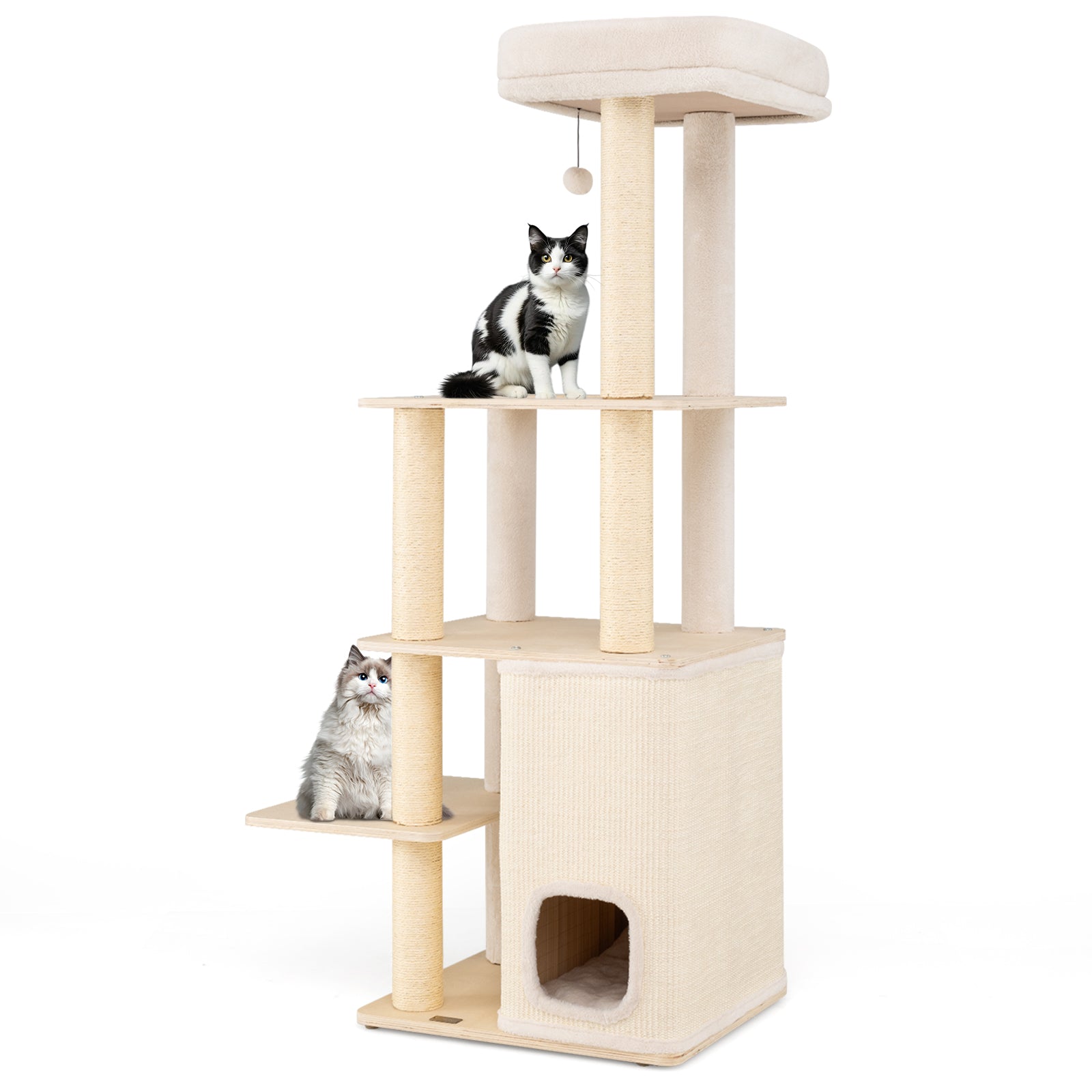 63 Inch Tall Wooden Cat Tree with 2-Story Condo and Plush Padded Top Perch-NA, Natural Cat Trees Condos & Scratchers at Gallery Canada