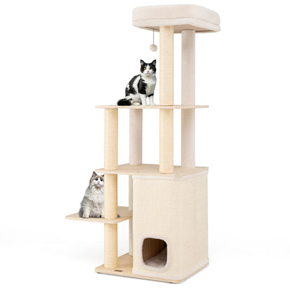 63 Inch Tall Wooden Cat Tree with 2-Story Condo and Plush Padded Top Perch-NA, Natural Cat Trees Condos & Scratchers at Gallery Canada