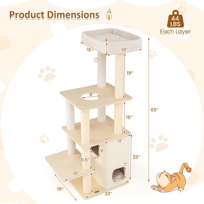 63 Inch Tall Wooden Cat Tree with 2-Story Condo and Plush Padded Top Perch-NA, Natural Cat Trees Condos & Scratchers at Gallery Canada