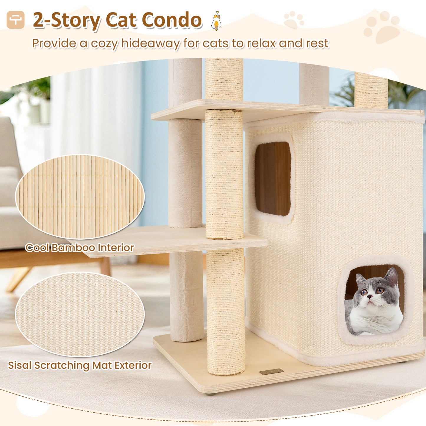 63 Inch Tall Wooden Cat Tree with 2-Story Condo and Plush Padded Top Perch-NA, Natural Cat Trees Condos & Scratchers at Gallery Canada
