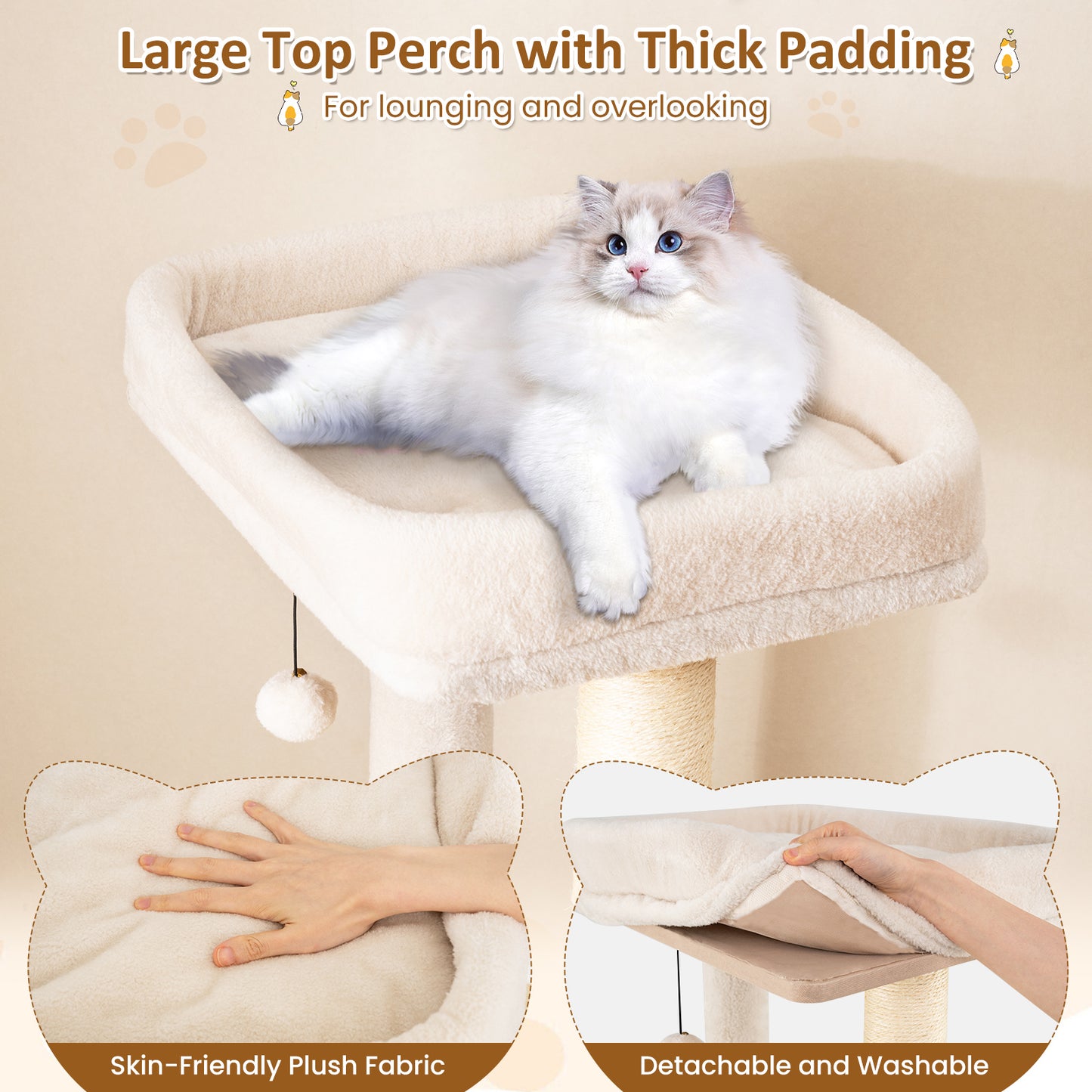 63 Inch Tall Wooden Cat Tree with 2-Story Condo and Plush Padded Top Perch-NA, Natural Cat Trees Condos & Scratchers at Gallery Canada
