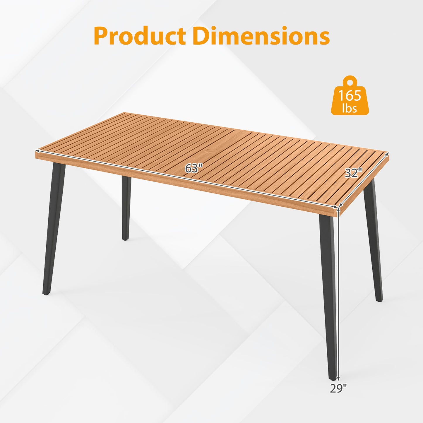 63 Inches Outdoor Indoor Dining Table with 1.97 Inches Umbrella Hole and Metal Legs Patio Dining Tables at Gallery Canada