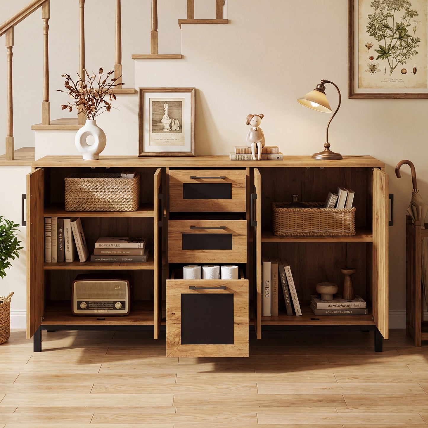 63" Sideboard Buffet Cabinet, 3 Drawers, Storage Shelves, Natural Sideboards Cabinets & Buffets at Gallery Canada