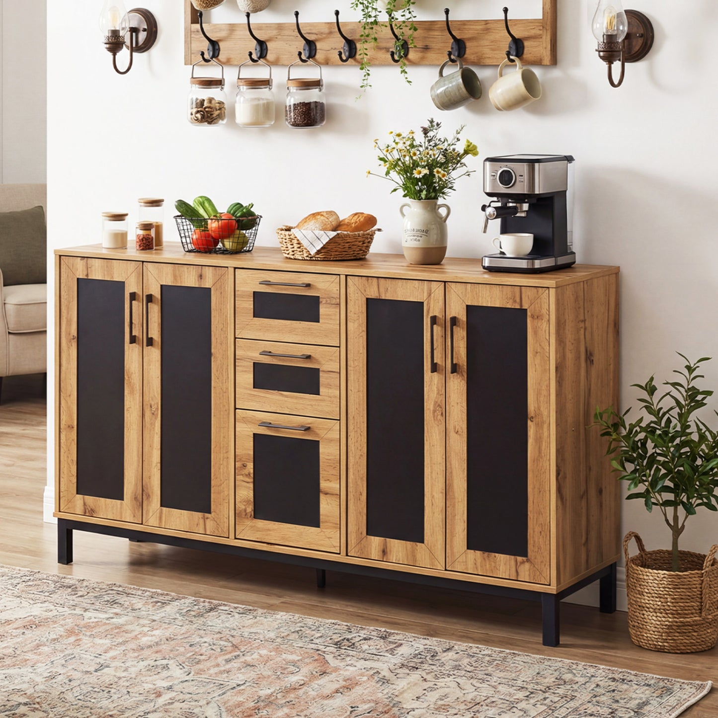 63" Sideboard Buffet Cabinet, 3 Drawers, Storage Shelves, Natural Sideboards Cabinets & Buffets at Gallery Canada