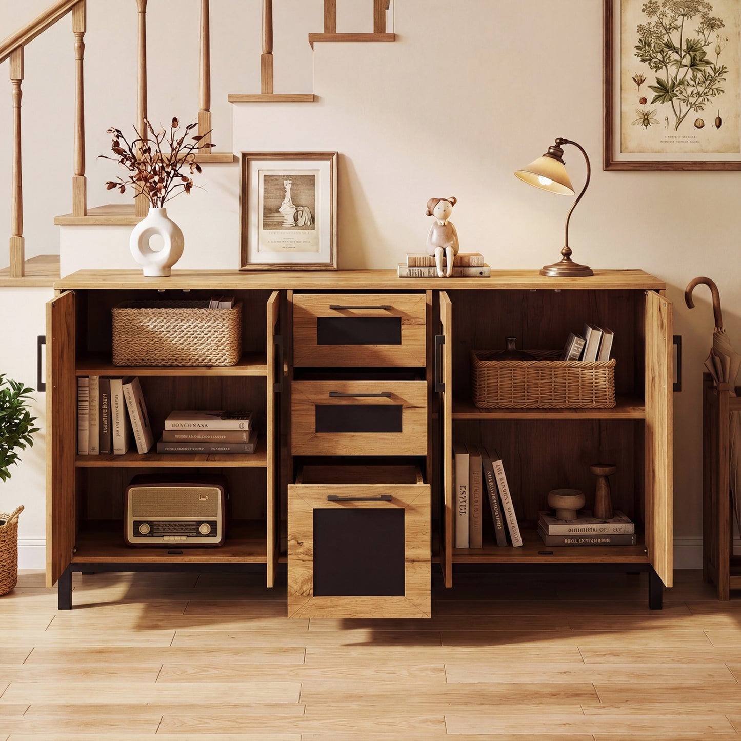 63" Sideboard Buffet Cabinet, 3 Drawers, Storage Shelves, Natural Sideboards Cabinets & Buffets at Gallery Canada