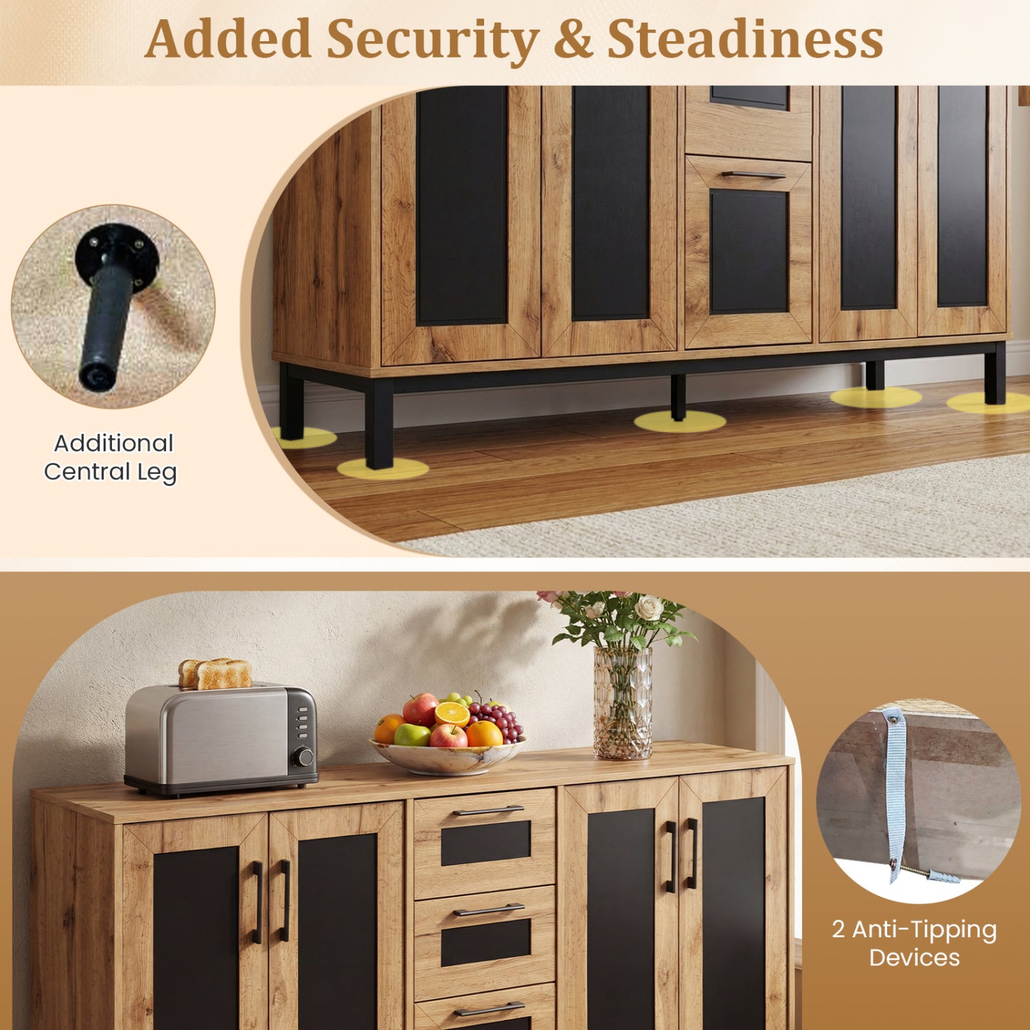 63" Sideboard Buffet Cabinet, 3 Drawers, Storage Shelves, Natural Sideboards Cabinets & Buffets at Gallery Canada