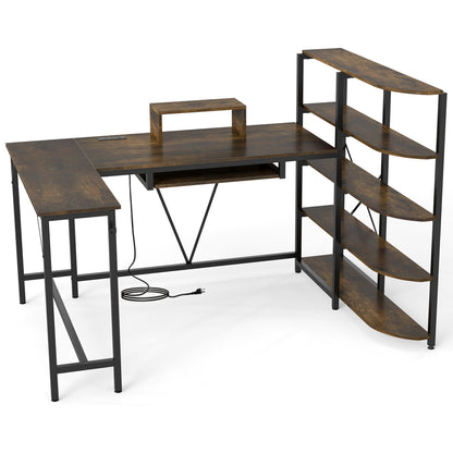 Bureau en forme de U de 63" avec prises de courant, étagère à livres à 5 niveaux, plateau pour clavier, brun rustique