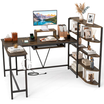 Bureau en forme de U de 63" avec prises de courant, étagère à livres à 5 niveaux, plateau pour clavier, brun rustique