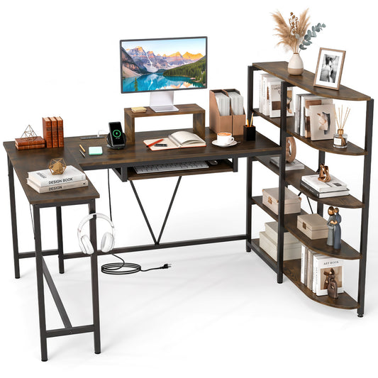 63" U-Shaped Desk, Power Outlets, 5-Tier Bookshelf, Keyboard Tray, Rustic Brown Office Desks Rustic Brown at Gallery Canada