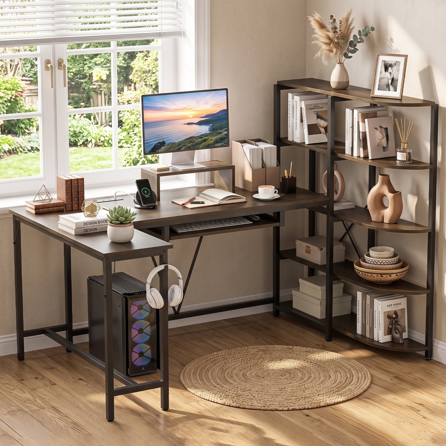 Bureau en forme de U de 63" avec prises de courant, étagère à livres à 5 niveaux, plateau pour clavier, brun rustique