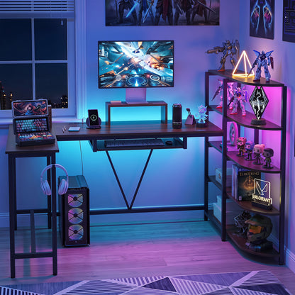Bureau en forme de U de 63" avec prises de courant, étagère à livres à 5 niveaux, plateau pour clavier, brun rustique
